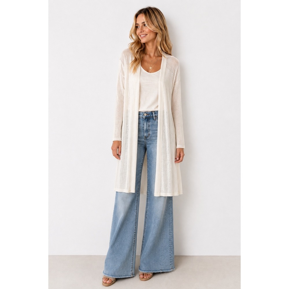 J. Jill Cardigan S White Linen Blend Longline Open‎ Front Sheer Duster Sweater